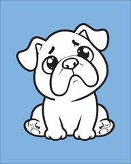 Obraz premium Bold and charming cartoon illustration of a white English Bulldog with a cheerful expression, isolated on a bright blue background. Great for children's posters or fun pet graphics