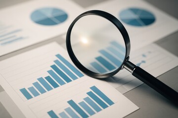 Magnifying glass focusing on printed business bar chart with financial growth data