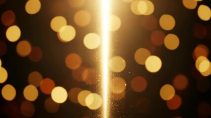 shimmering dark background features numerous golden and amber bokeh circles A vibrant sparkling golden light beam streaks vertically through the center emanating radiant particles - Powered by Adobe