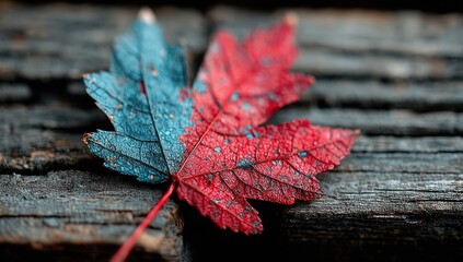 Colorful split maple leaf in vivid red and blue, resting on rustic wood, autumn nature's beauty and seasonal change concept