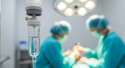 Fototapeta premium Close up of IV drip with surgeons performing operation, symbolizing modern medicine, healthcare, and critical care in a sterile environment
