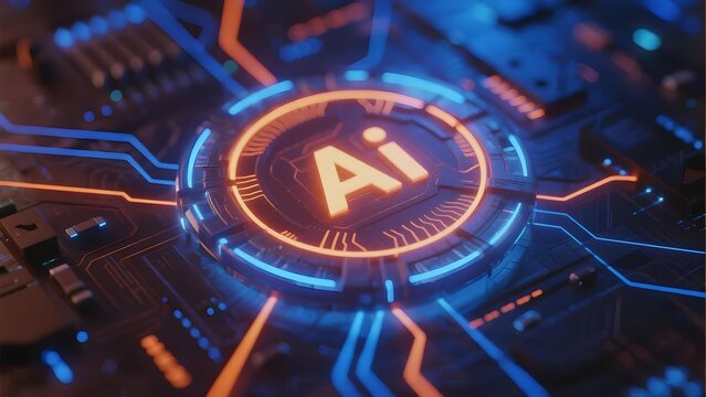 Digital circuit board with glowing AI symbol in futuristic interface
