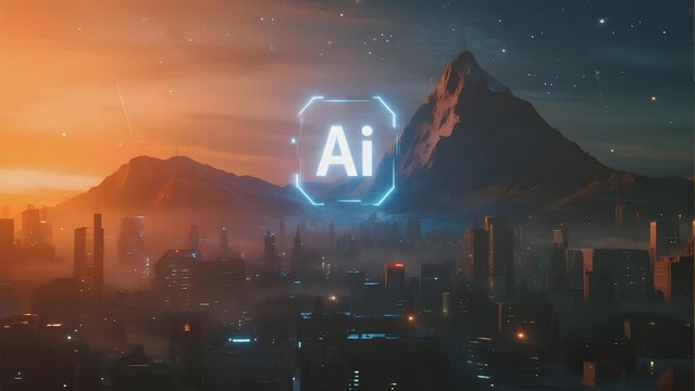 Futuristic cityscape at dusk with glowing AI symbol floating above mountains and urban skyline