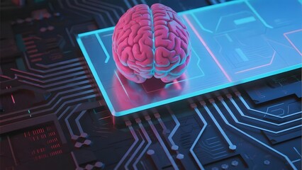 A human brain model placed on a glowing circuit board with digital interface elements