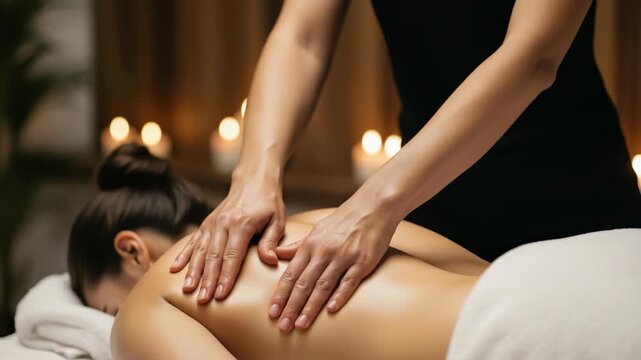 back massage focusing on persons upper back and shoulders Hands gently apply pressure gliding over smooth oiled skin Soft candlelight illuminates the tranquil spa environment enhancing relaxation