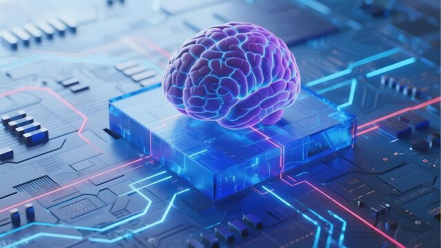 Digital brain hovering over a futuristic circuit board with glowing neural pathways