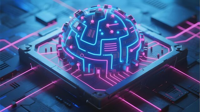 Neon-lit circuitry sphere on a futuristic electronic board with glowing pathways