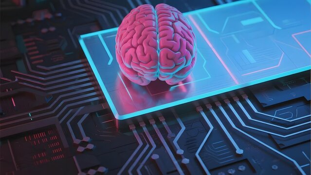 A human brain model placed on a glowing circuit board with digital interface elements