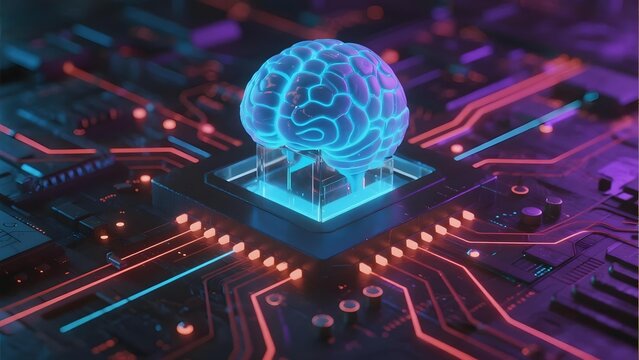 Digital brain hologram on futuristic circuit board with glowing neural pathways