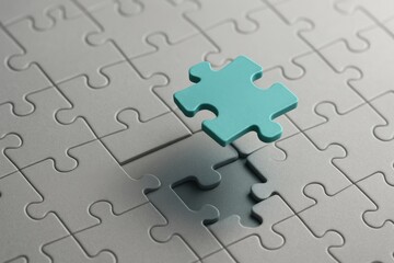 Fototapeta premium Single blue puzzle piece hovering above empty slot symbolizing missing piece and solution 