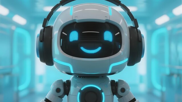 A friendly robot with glowing blue eyes and headphones in a futuristic corridor
