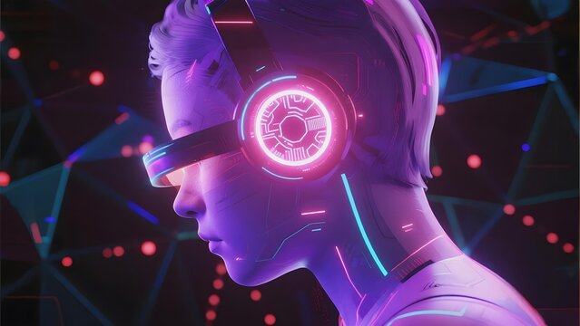 A futuristic individual wearing glowing neon headphones and a visor, set against a digital network background with vibrant lighting effects.