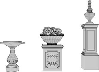 vector sketch illustration silhouette design of flower pot with fountain for garden decoration   