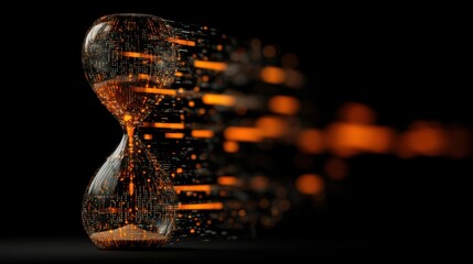Digital hourglass symbolizing the passage of time, technology, and data transfer with glowing particles and modern design elements in dark background