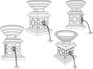 vector sketch illustration silhouette design of flower pot with fountain for garden decoration  