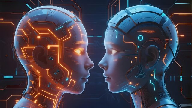 Two humanoid robots facing each other with glowing circuit patterns on their heads, set against a futuristic digital background.