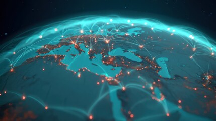 Digital connections on a global scale featuring Europe with illuminated cities and network lines representing data flow and communication technology in a modern context