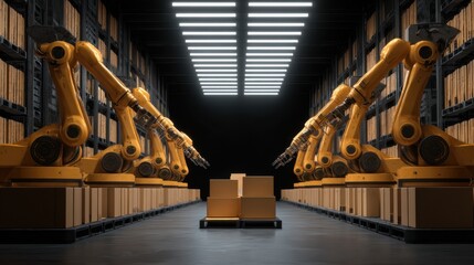 Automation Revolution: Industrial Robotics in Modern Warehouse with Robotic Arms Coordinating Packages for Efficient Supply Chain Management