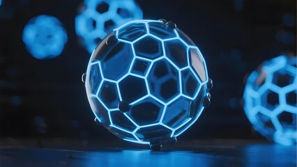 Glowing soccer ball with illuminated hexagonal pattern on dark background