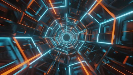 Futuristic neon-lit tunnel with geometric patterns and glowing blue and orange lines