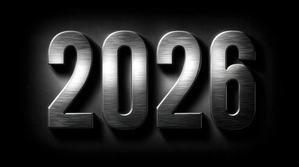 Metallic 2026 Design with Brushed Texture and Dramatic Lighting on Dark Background for Modern Visuals and Contemporary Themes