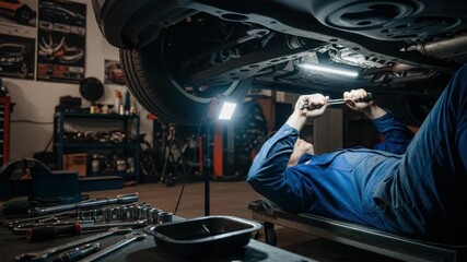 mechanic in blue overalls lies on creeper wrenching under an elevated car illuminated by work lights Tools like sockets and wrenches are arranged on workbench; an oil pan sits nearby