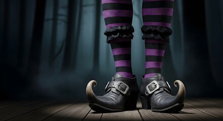 Whimsical Elf Legs and Shoes on Wooden Stage.