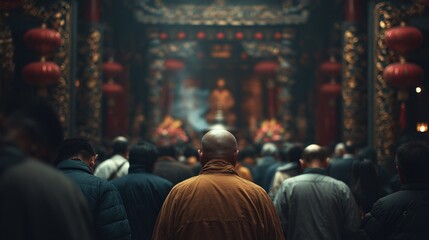 Obraz premium People gather in a Chinese temple during a religious ceremony, seeking spiritual guidance