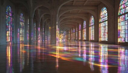 A long hall features arched windows with stained glass, casting colorful light upon reflective floor
