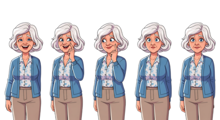 Cartoon illustration of an elderly woman with various facial expressions.