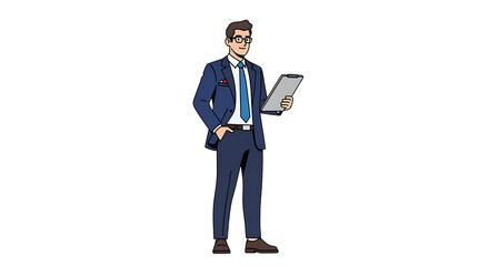 Cartoon illustration of a professional man in a blue suit and glasses holding a clipboard.