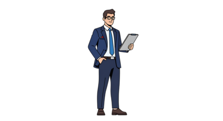 Cartoon illustration of a professional man in a blue suit and glasses holding a clipboard.