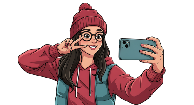 A cheerful young woman in a red beanie and glasses takes a selfie with her smartphone.
