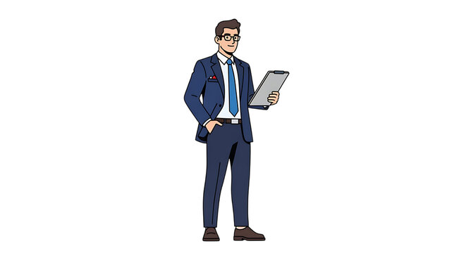 Cartoon illustration of a professional man in a blue suit and glasses holding a clipboard.
