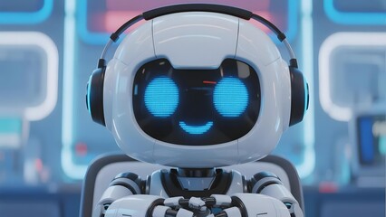 A friendly robot with glowing blue eyes and headphones in a futuristic setting