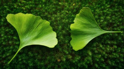 Fototapeta premium identical. Two ginkgo leaves on moss, showcasing similar vein patterns and soft light. gardening catalogs, home-decor guides, designed for home decor and floral branding.