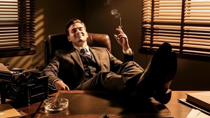 A suited man reclines in a shadowed office, cigarette in hand, smoke drifting past blinds. at dusk.