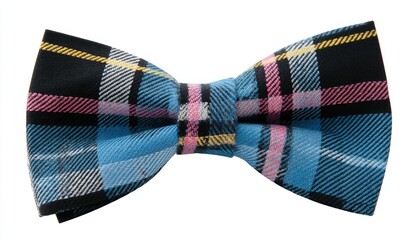 A patterned bow tie.  Bold plaid design in black, light blue, pink, and yellow.  Isolated on white