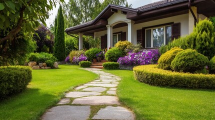 Obraz premium Beautiful garden pathway leading to a charming house surrounded by vibrant flowers and lush greenery on a sunny day in a serene neighborhood