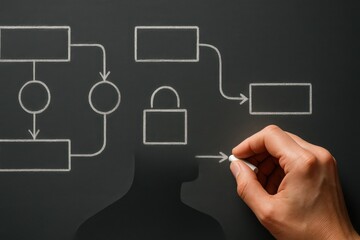 Hand drawing chalk flowchart with lock icon symbolizing cybersecurity and secure process
