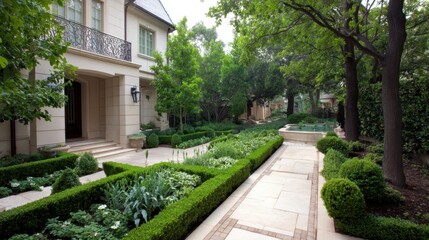 Obraz premium Lush Green Garden Pathway Surrounded by Ornamental Shrubs and Trees in a Beautiful Residential Landscape