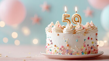 Elegant 59th Birthday Cake with Candles, Pastel Cream Swirls and Colorful Sprinkles