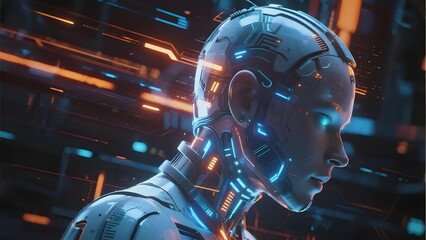 Cybernetic humanoid with glowing blue circuits in a futuristic high-tech environment