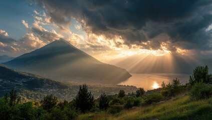 Majestic mountain silhouetted against a dramatic sunset with lake & valley below, golden rays