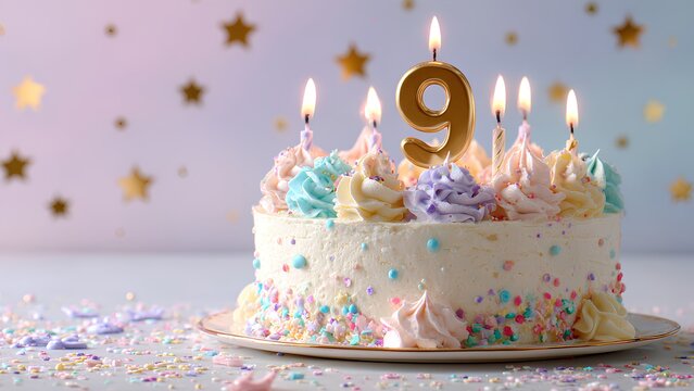 Whimsical 9th Birthday Cake with Golden Candle, Pastel Frosting and Sprinkles