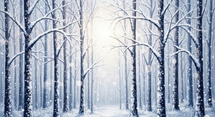 Fototapeta premium Ethereal Winter Forest: Snowfall, Bare Trees, and Radiant Light