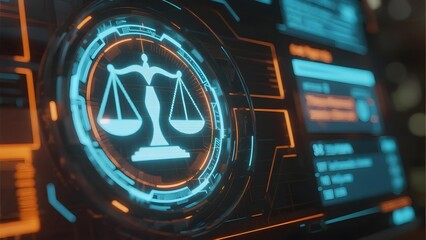 Digital interface displaying a justice scale symbol with futuristic UI elements and glowing circuit patterns