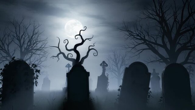 Spooky moonlit graveyard with numerous silhouetted gravestones and bare twisted trees emerging from dense ground fog A bright full moon pierces the cloudy night sky