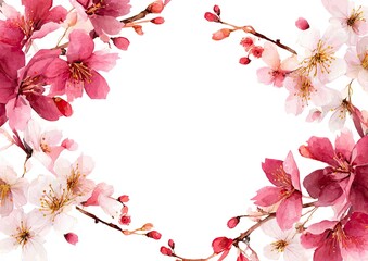 Obraz premium Watercolor rendering of pink and white blossoms framing white space, elegant and soft