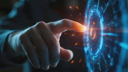Fototapeta premium A hand interacting with a glowing holographic interface, emitting sparks and light effects.